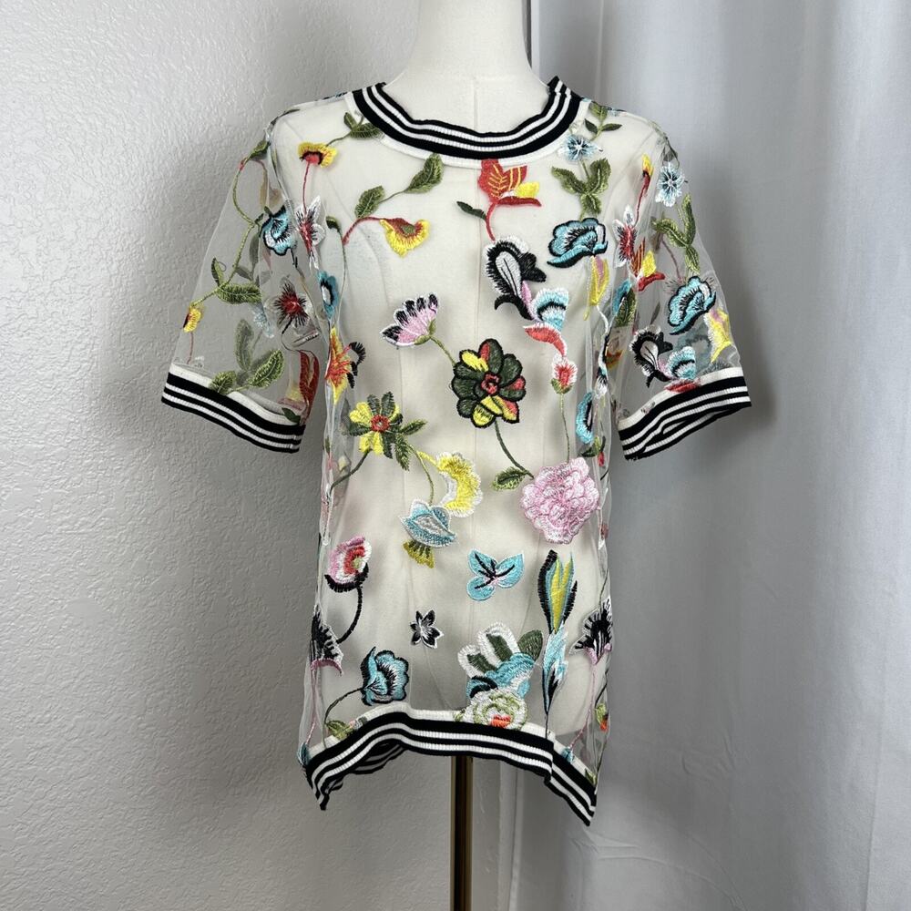 Hilary Radley For Katherine Barclay Top Womens‎ XS Sheer Floral Mesh Whimsical
